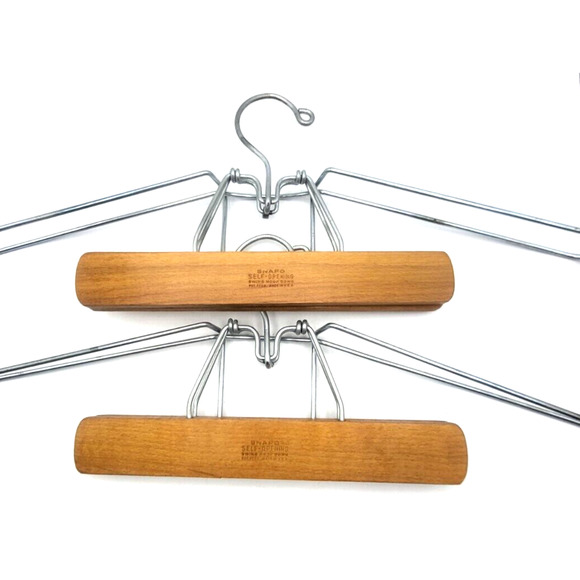 Vintage Wood Metal Suit Hanger Snapo Self Opening 19x7" Set of 2 - Picture 2 of 5